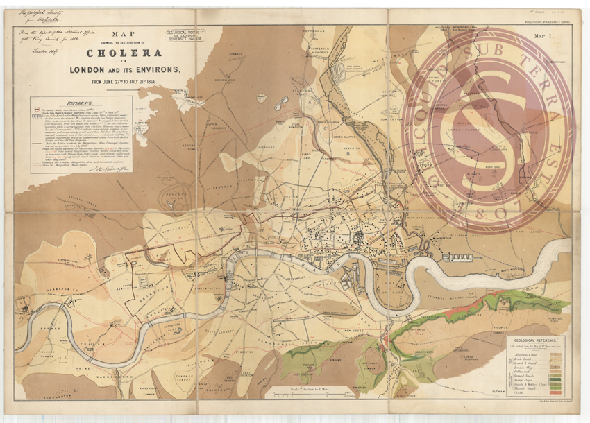 Map showing the distribution of cholera in London
