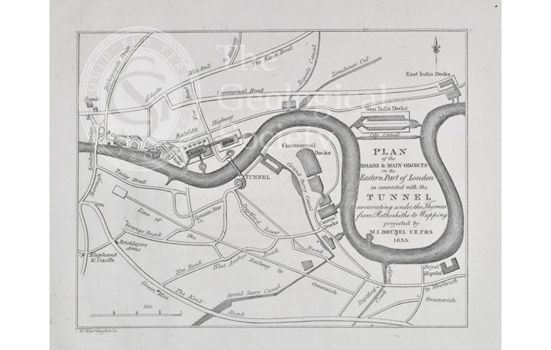 Plan of the roads & main objects on the Eastern Part of London as connected with the [Thames] Tunnel, 1835